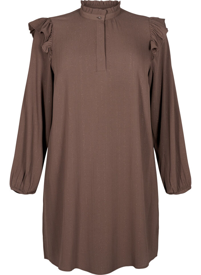 Kort klänning med volanger och glitter, Brun, Packshot image number 0