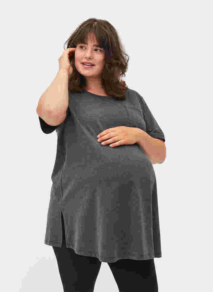 Kortärmad gravidtopp i bomull, Dark Grey Melange, Model image number 0