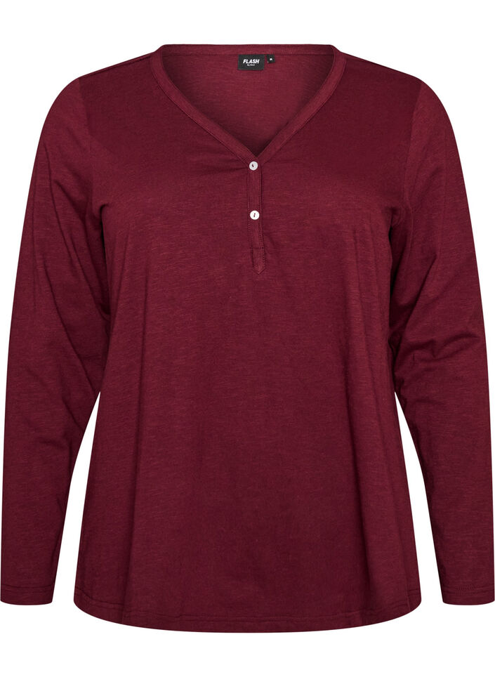 L&aring;ng&auml;rmad t-shirt med v-ringning och knappar, R&ouml;d, Packshot image number 0