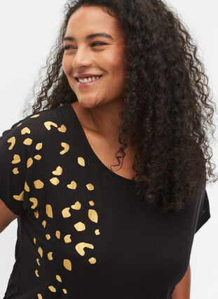 Kortärmad t-shirt i viskos med guldtryck, Black Gold , Model image number 2