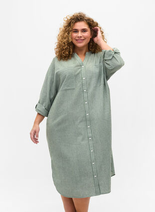 Randig skjortklänning i bomull, Green Stripe, Model image number 0