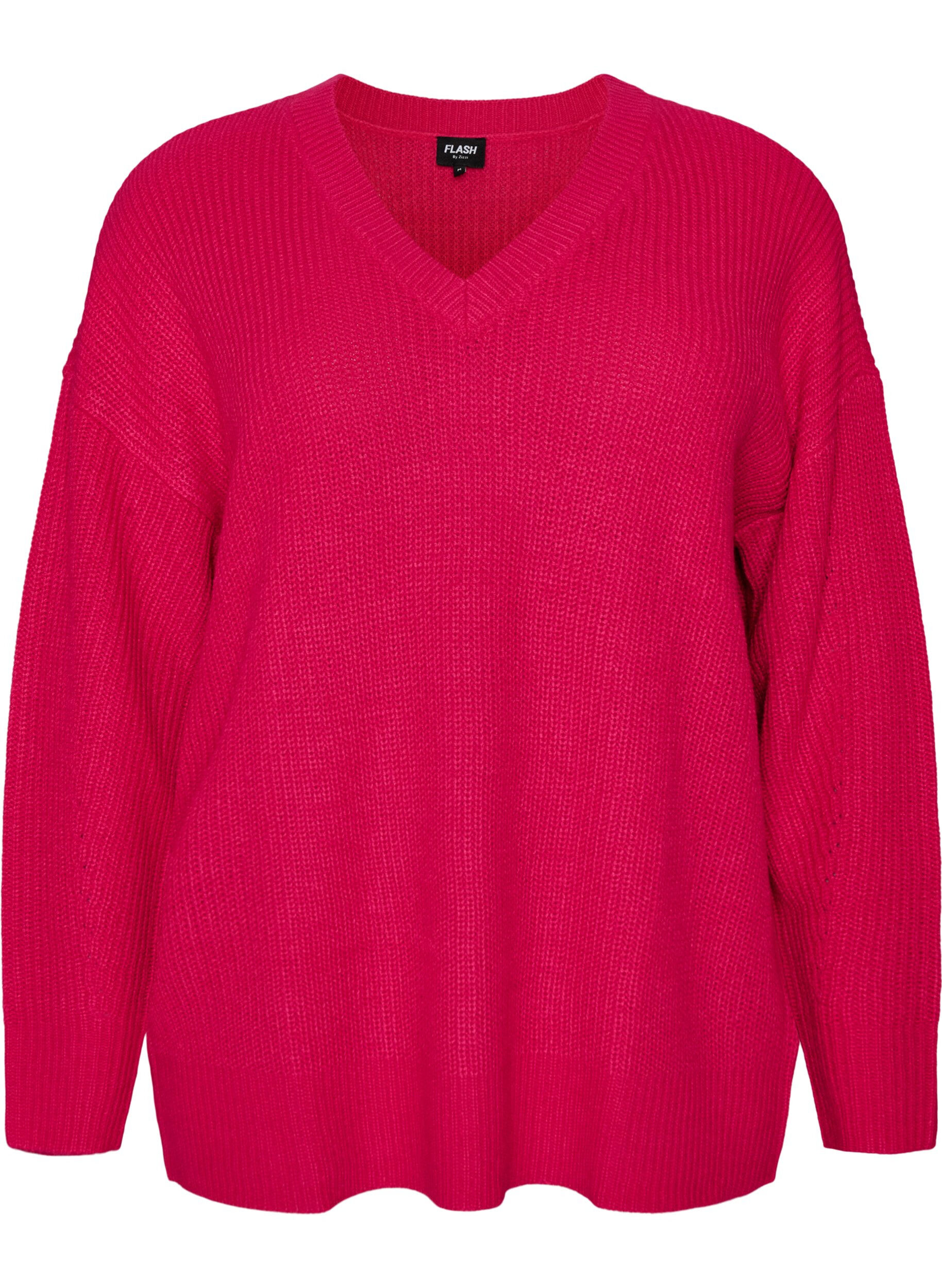 ZizziL&aring;ng ribbstickad blus med V-ringning, Rosa, Packshot image number 0