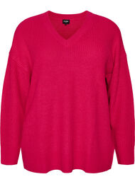 L&aring;ng ribbstickad blus med V-ringning, Rosa