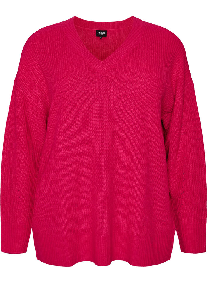 L&aring;ng ribbstickad blus med V-ringning, Rosa, Packshot image number 0