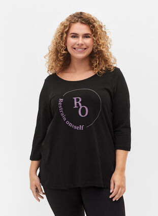 T-shirt i bomull med 3/4-ärmar, Black RO, Model image number 0