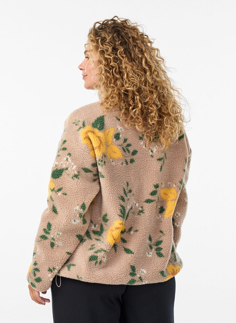 Blommig fleecejacka med h&ouml;g krage och dragkedja, Beige, Model image number 2