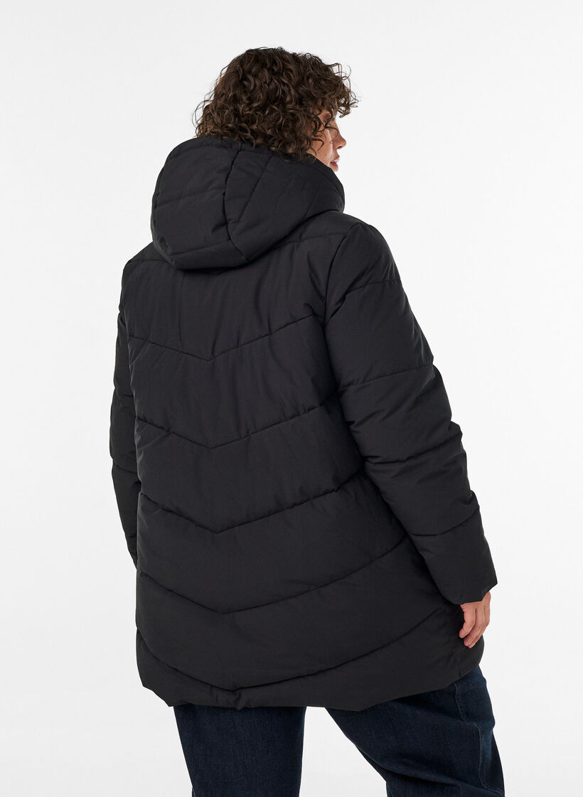 Halvl&aring;ng pufferjacka med huva, Svart, Model image number 2