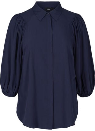Skjorta i viskos med 3/4 puffärmar, Navy Blazer, Packshot image number 0