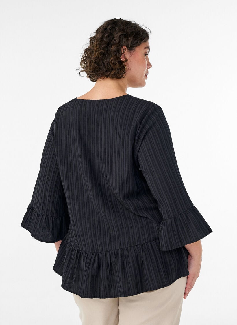 Blus med struktur, v-ringning och volanger, Svart, Model image number 2