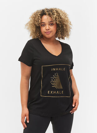 Tränings t-shirt i bomull med tryck, Black w. inhale logo, Model image number 0