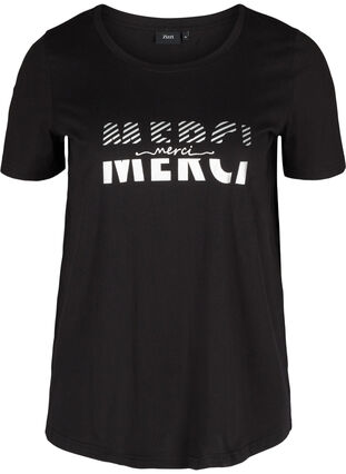 T-shirt med tryck i ekologisk bomull, Black Merci, Packshot image number 0