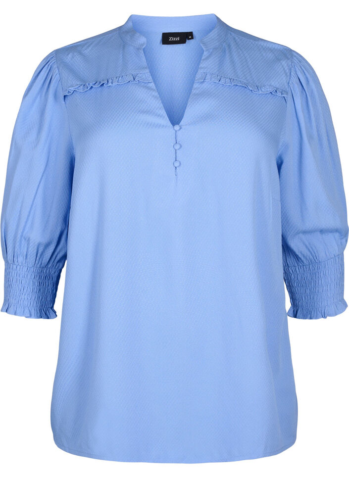 Blus i viskos med smock- och volangdetaljer, Cornflower Blue, Packshot image number 0