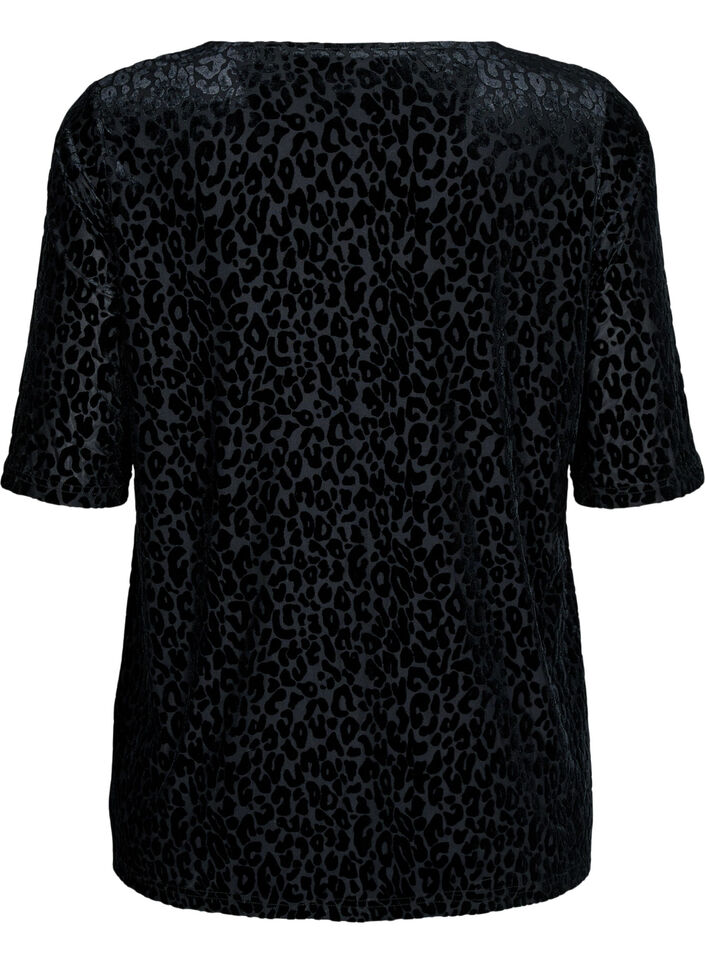Blus med korta ärmar och leopardmönster, Svart, Packshot image number 1