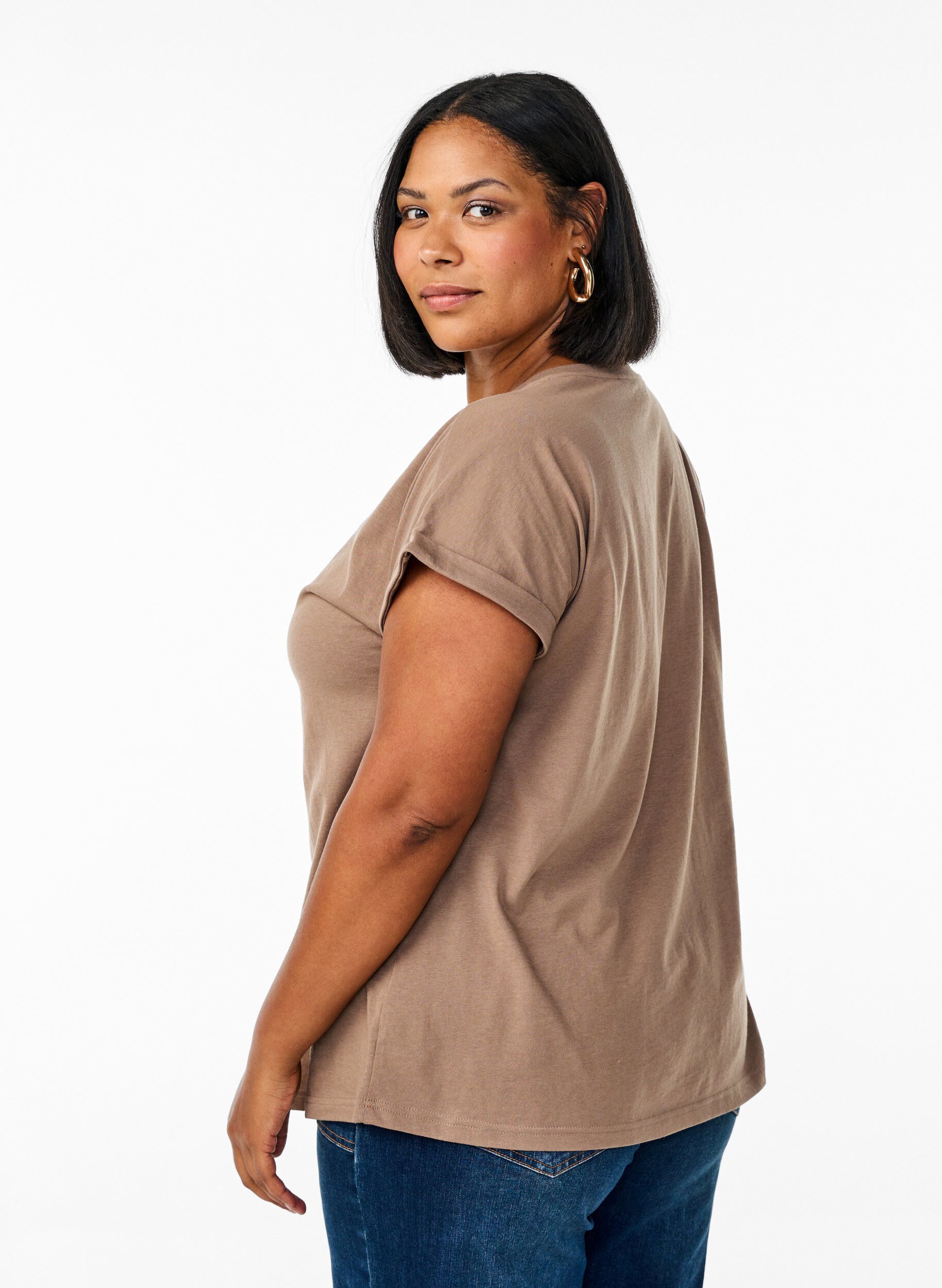 ZizziKort&auml;rmad t-shirt i bomullsblandning, Brun, Model image number 2