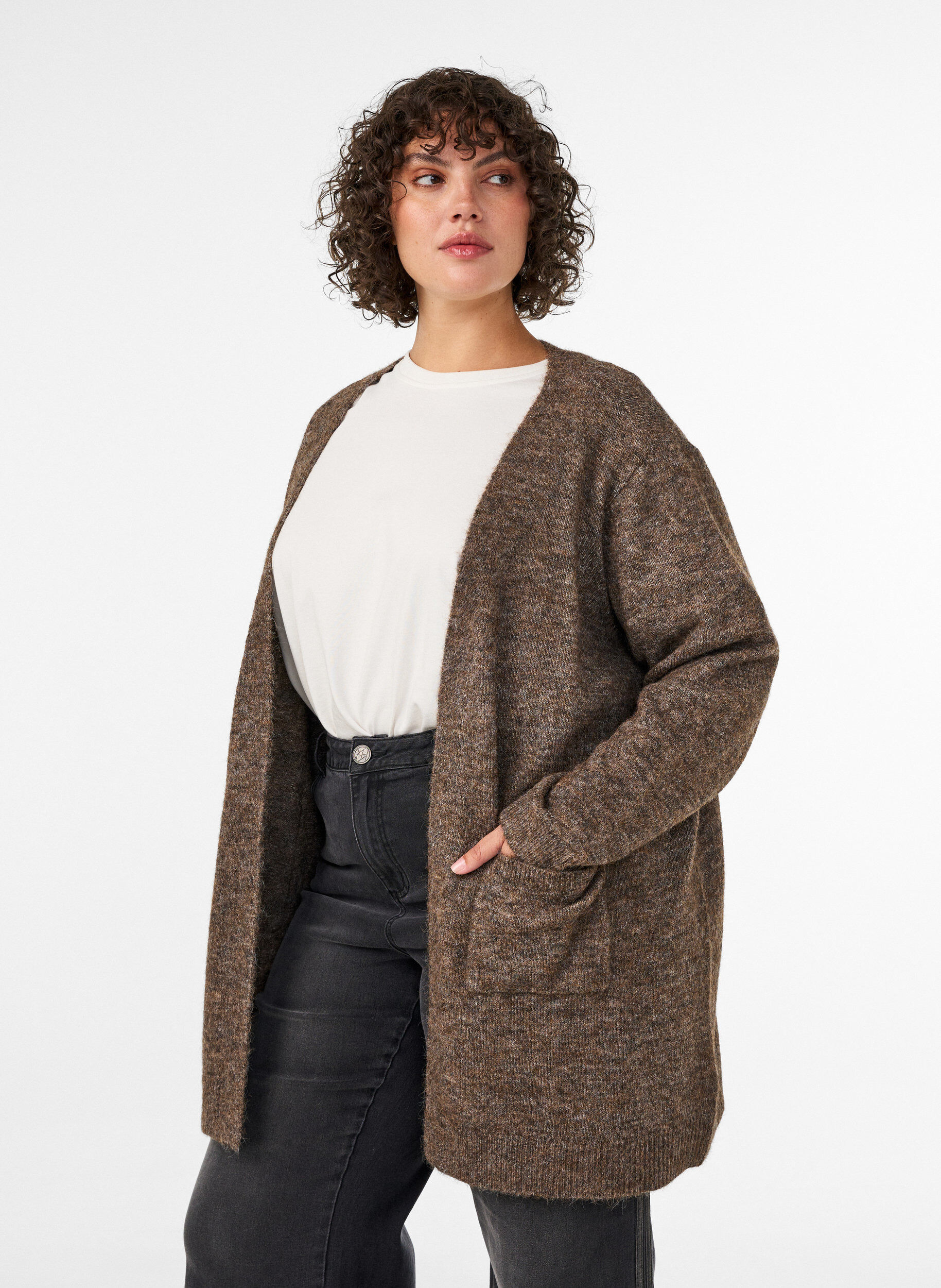 ZizziL&aring;ng kofta med fickor, Brun, Model image number 0