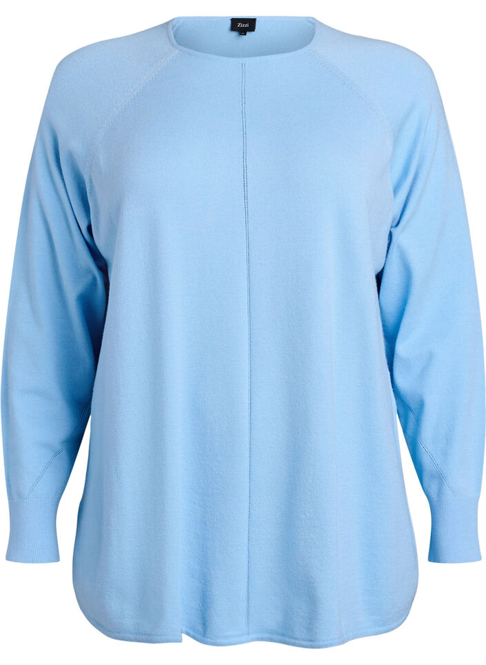 Stickad blus med rund hals och stickat m&ouml;nster, Bl&aring;, Packshot image number 0