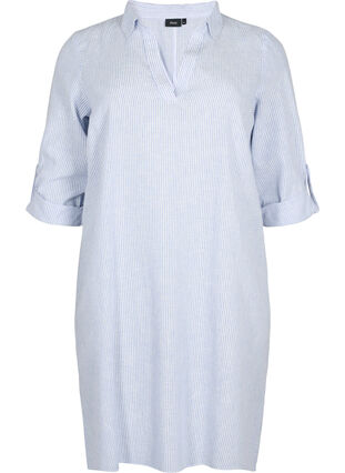 Randig klänning i bomull och linne, Blue Stripe, Packshot image number 0