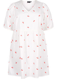 Klänning med körsbärsmönster och a-linjeform, B. White/Cherry