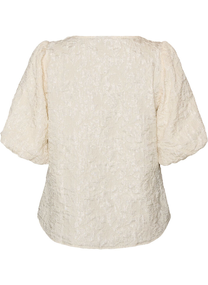 Blus i jacquard med puff&auml;rmar och a-linjeformad passform, Vanilla, Packshot image number 1