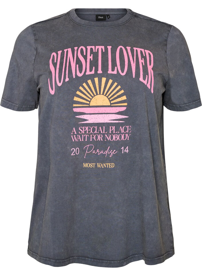 T-shirt i bomull med tryck framtill och en tv&auml;ttad look, Gr&aring;, Packshot image number 0