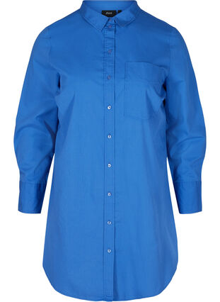 Lång bomullsskjorta med bröstficka, Dazzling Blue, Packshot image number 0