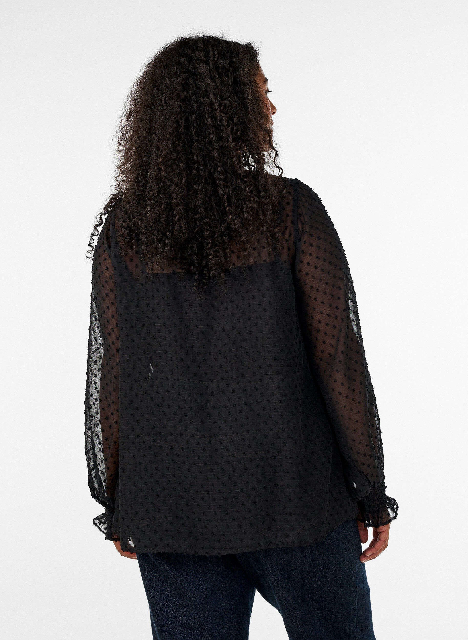 ZizziSkjortblus med spetsinf&auml;llning och prickigt m&ouml;nster, Svart, Model image number 2
