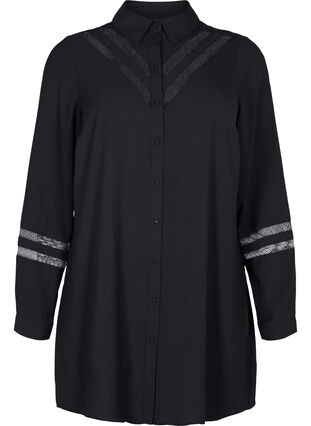 Lång skjorta med spetsdetaljer, Black, Packshot image number 0