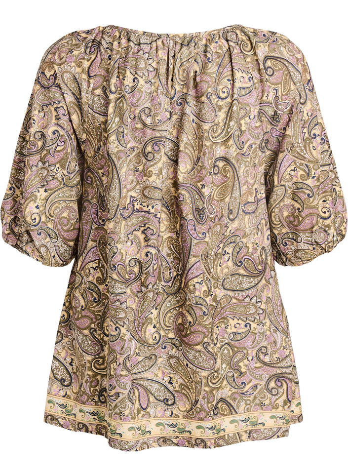 Blus i viskos med paisleym&ouml;nster och knytband, Gul, Packshot image number 1