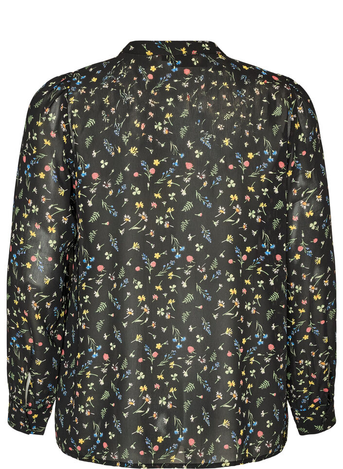 Blus med helt&auml;ckande m&ouml;nster och kort knappsl&aring;, Svart, Packshot image number 1