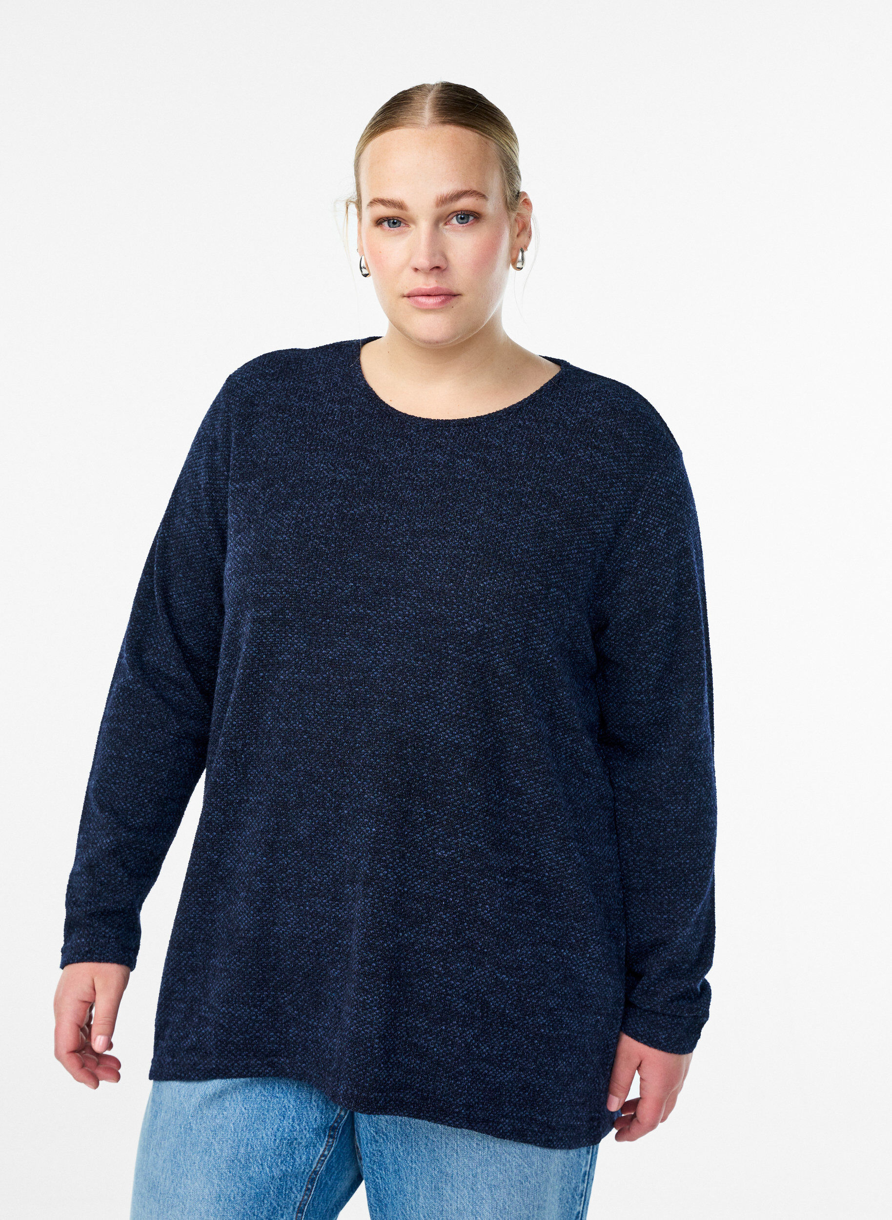 ZizziL&aring;ng&auml;rmad blus med textur, Bl&aring;, Model image number 0