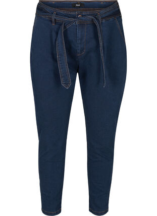 Croppade jeans med bälte, Blue denim, Packshot image number 0