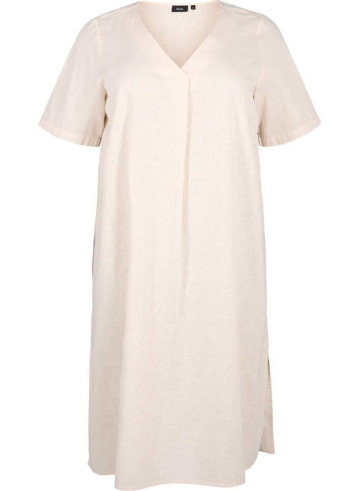 Kaftanklänning i bomulls- och linneblandning, Beige, Packshot image number 0