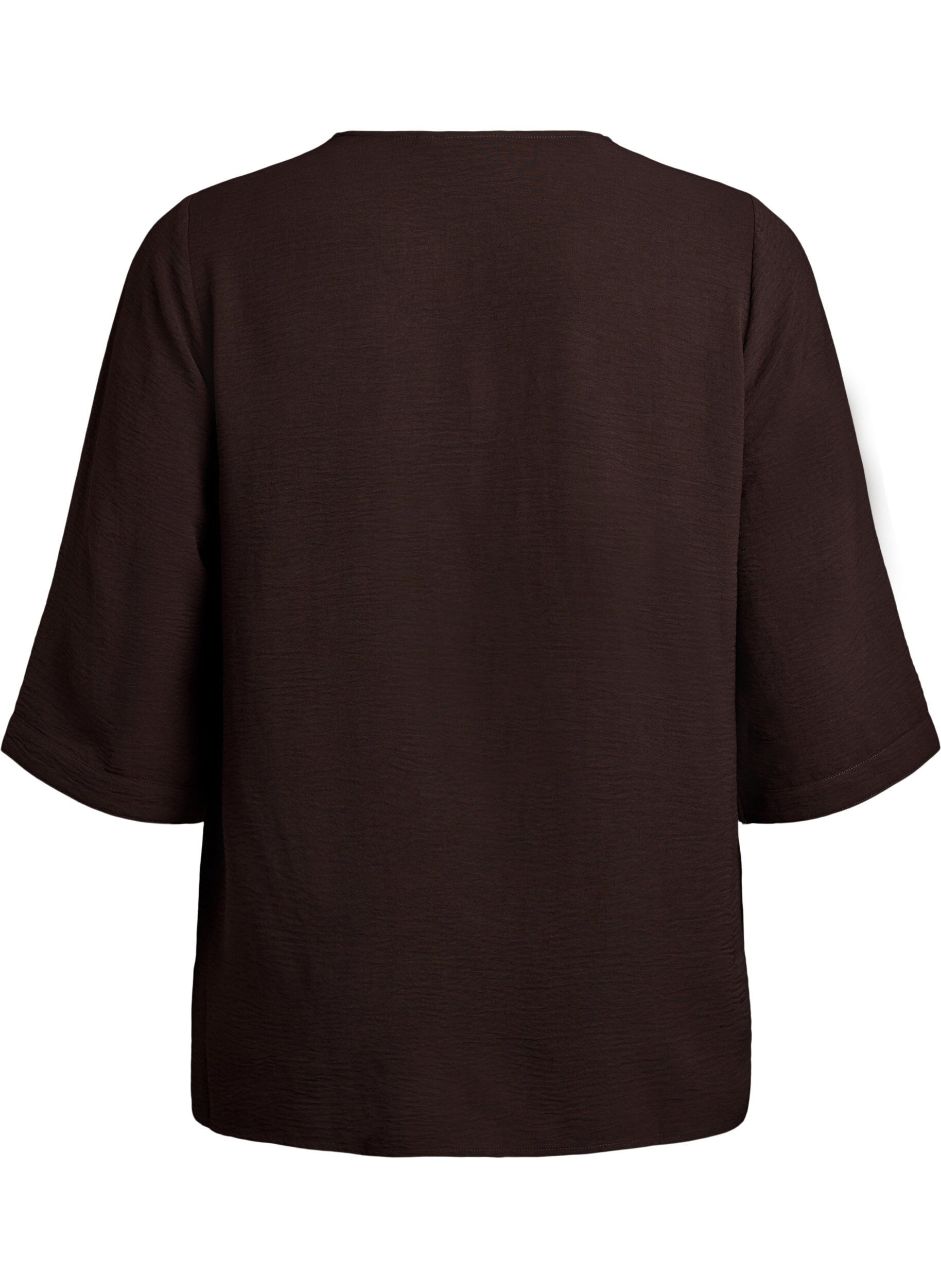 ZizziSkjortblus med v-ringning och 3/4-&auml;rm, Brun, Packshot image number 1