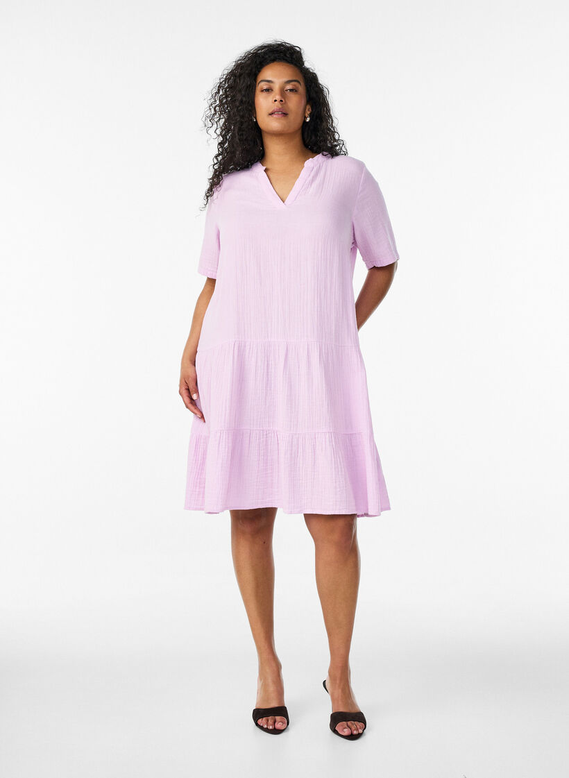 Kort a-linjeformad kl&auml;nning i bomullsmuslin, Lila, Model image number 1