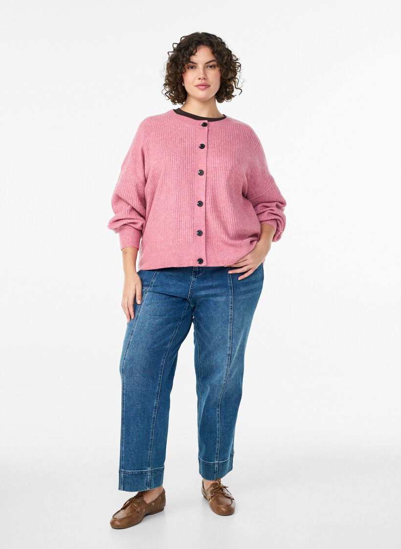 Ribbstickad kofta med knappar, Rosa, Model image number 1