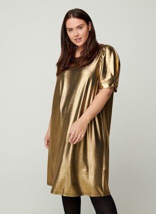 Klänning med korta puffärmar och a-form, Gold, Model image number 0