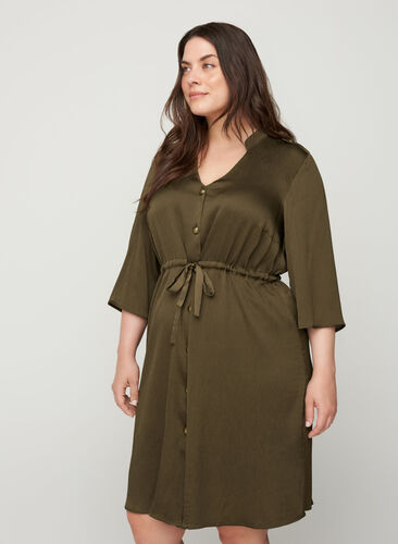 Klänning med knappar och snöre i midjan, Ivy Green, Model image number 0