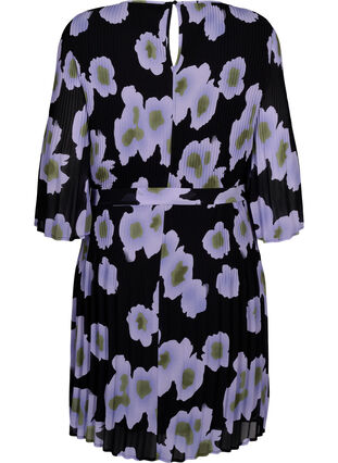 Mönstrad plisserad klänning med knytband, Black w. Floral, Packshot image number 1