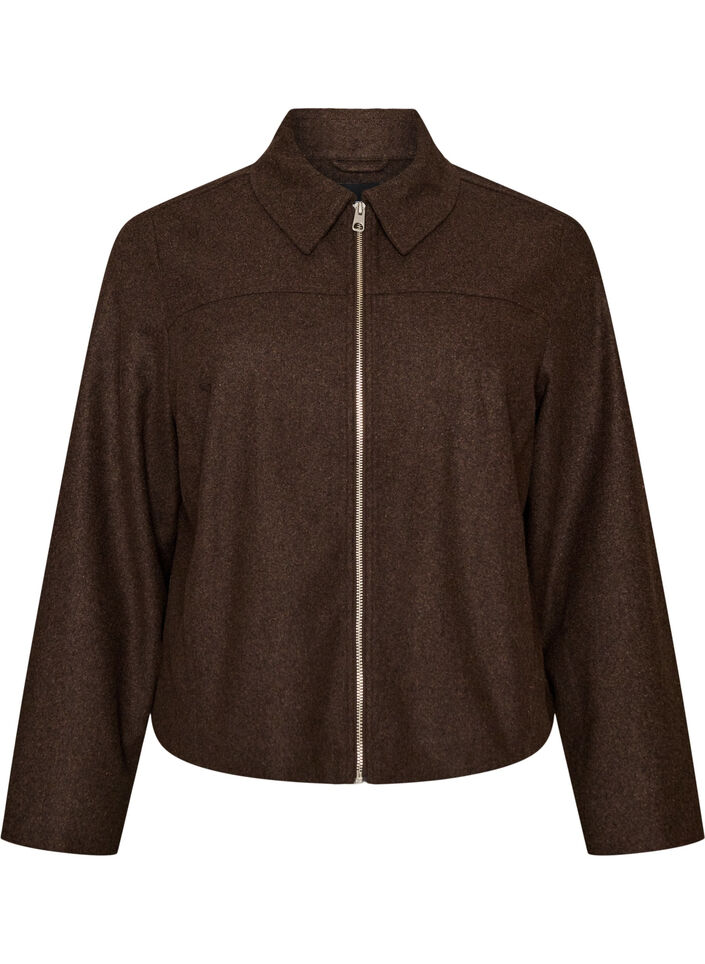 Kort jacka med skjortkrage och dragkedja, Brun, Packshot image number 0