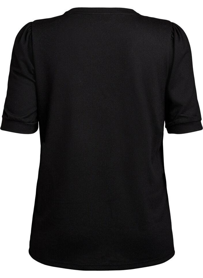 Blus med knappdetalj och korta puff&auml;rmar, Svart, Packshot image number 1