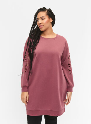 Sweatshirtklänning med broderade detaljer, Rose Brown, Model image number 0