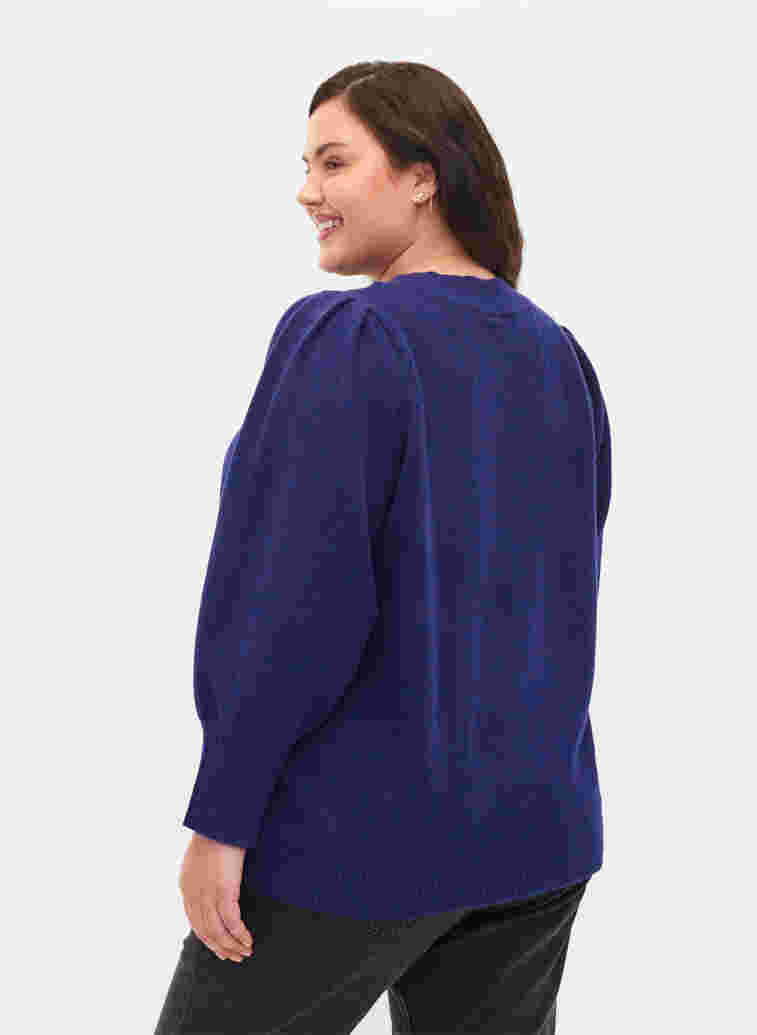 Melerad stickad tröja med puffärm och v-hals, Ultra Violet Mel., Model image number 1
