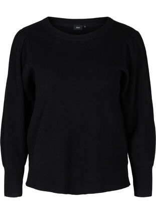 Stickad tröja med ribbat mönster och ballongärmar, Black, Packshot image number 0