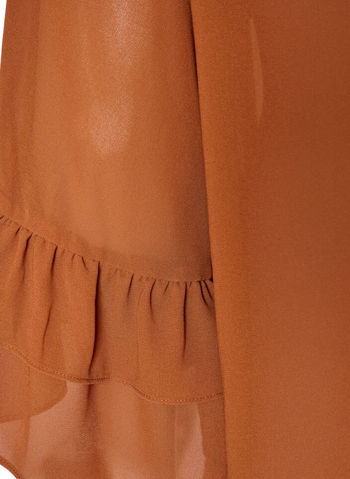 Blus med knytband och volangdetaljer, Brun, Packshot image number 3