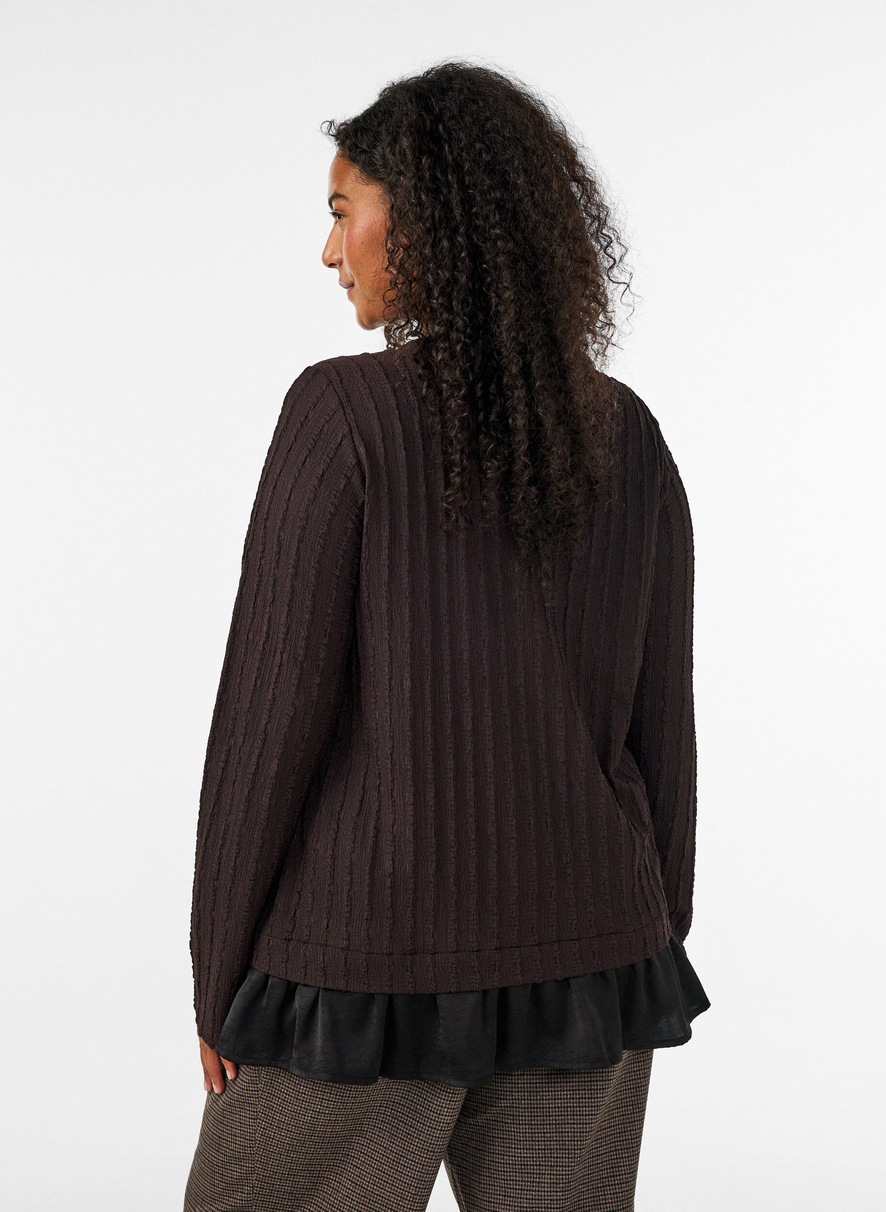 ZizziStrukturerad blus med volangkant, Brun, Model image number 2