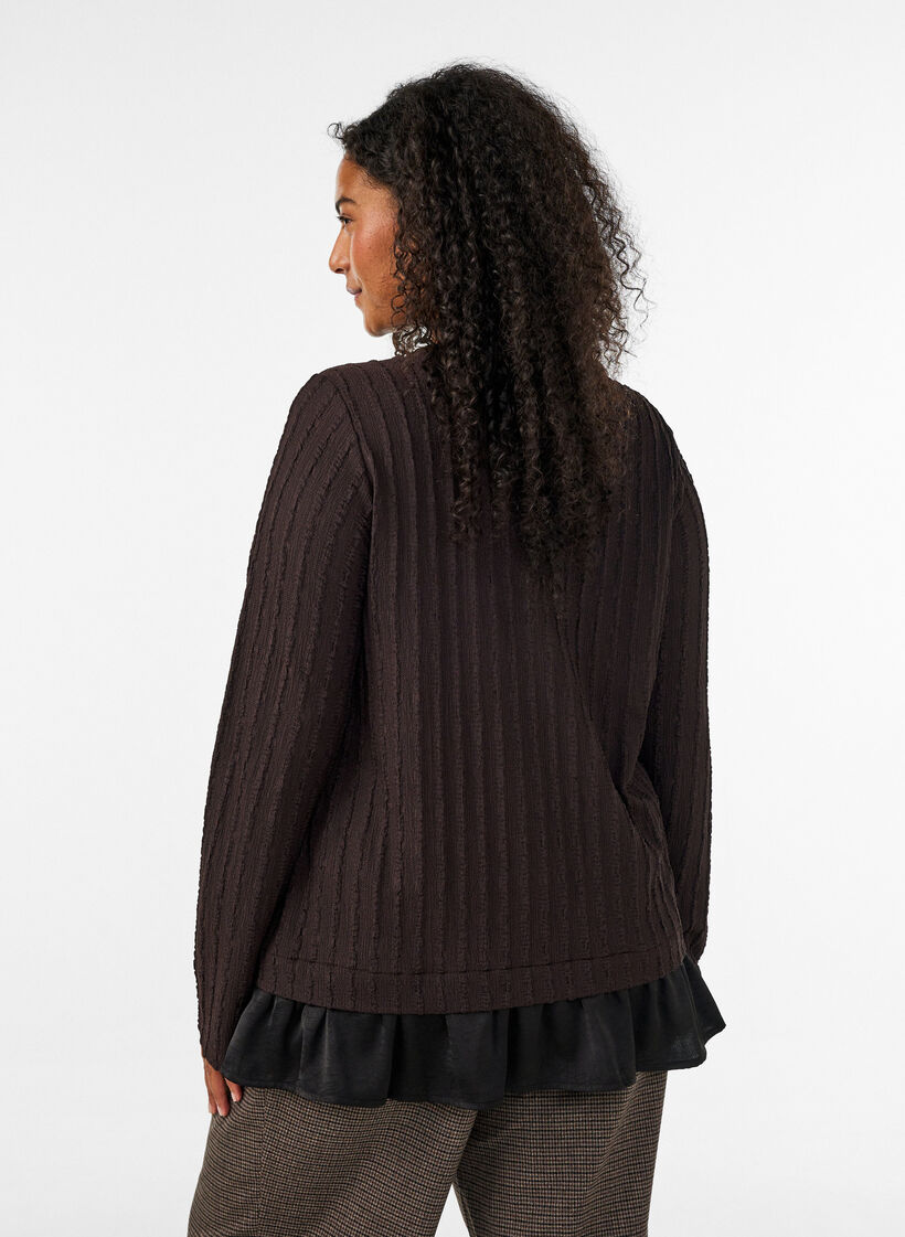 Strukturerad blus med volangkant, Brun, Model image number 2
