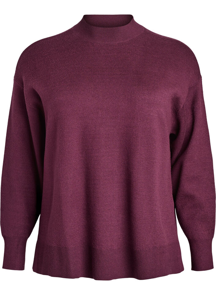 Stickad blus med hög hals, Mörk Bordeaux, Packshot image number 0