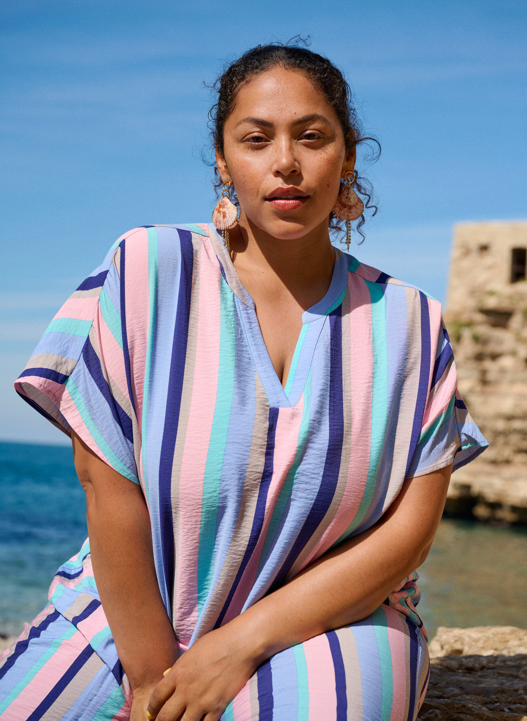 Zizzi Randig viskosblus med kort &auml;rm, Bl&aring;, Image image number 0