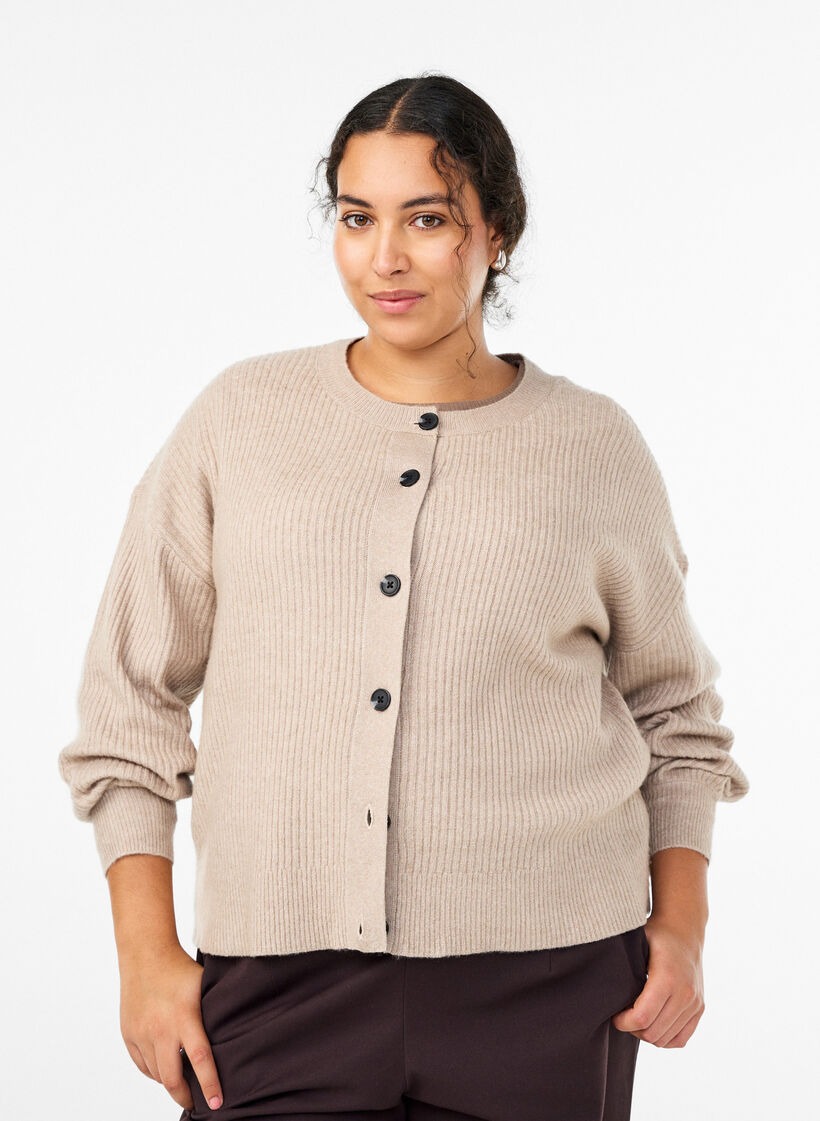 Ribbstickad kofta med knappar, Beige, Model image number 0