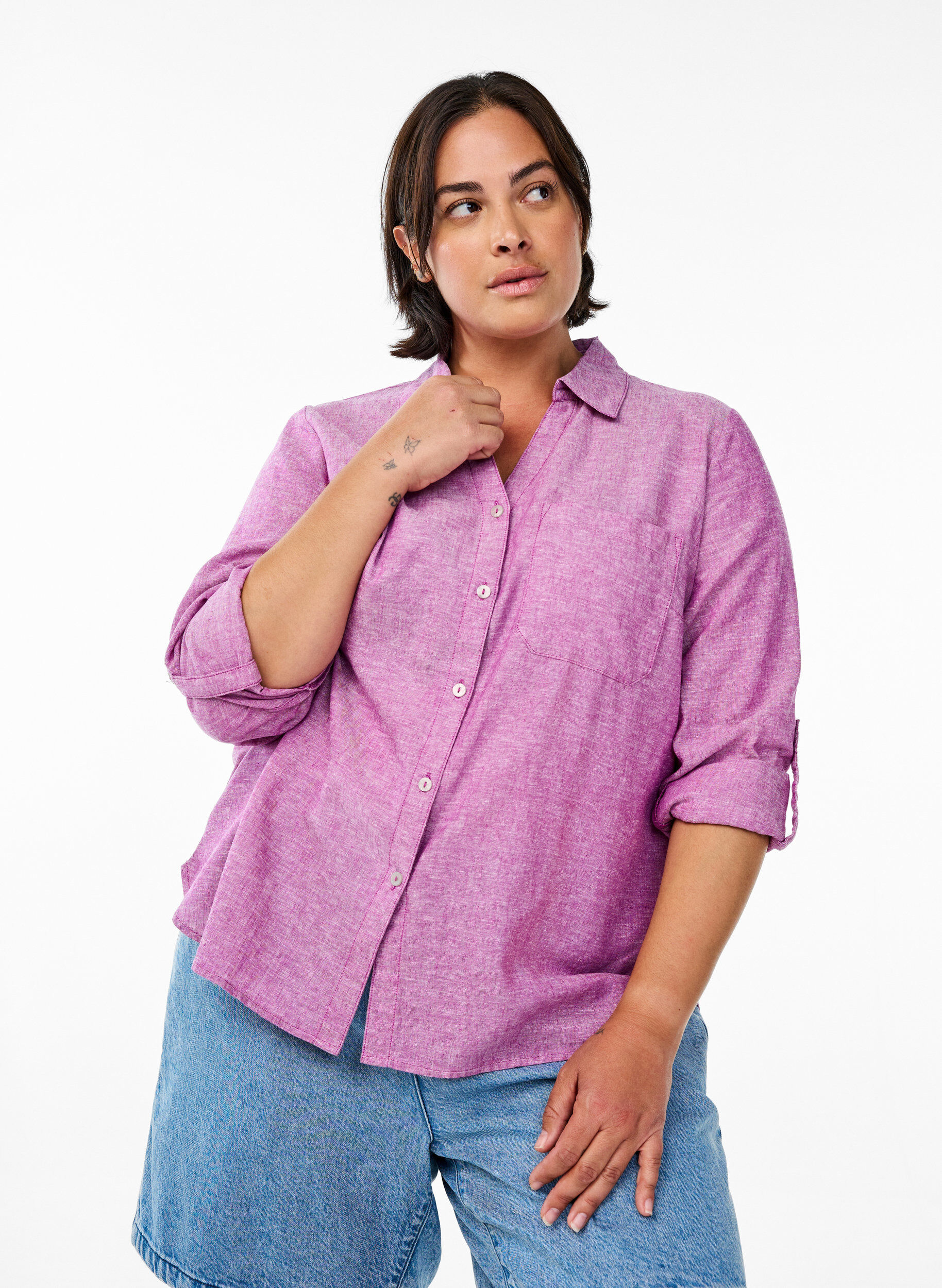 ZizziSkjorta i linne och viskos med 3/4-&auml;rmar, Lila, Model image number 0